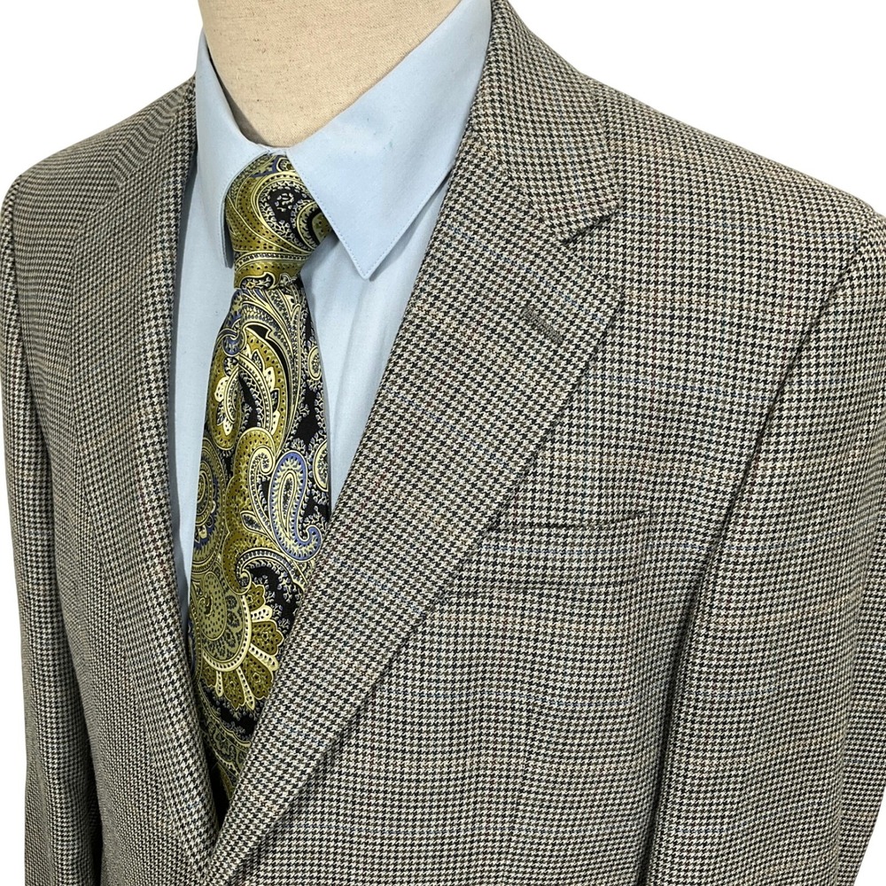 CHAPS Blazer Mens 40R Gray Blue Jacket Houndstooth Plaid Silk Wool Sport Coat